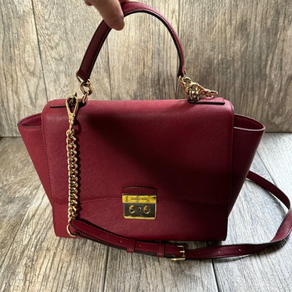 Michael Kors Brandi Womens Maroon Leather Gold Trim Top Handle Satchel Bag Purse - Picture 2 of 14